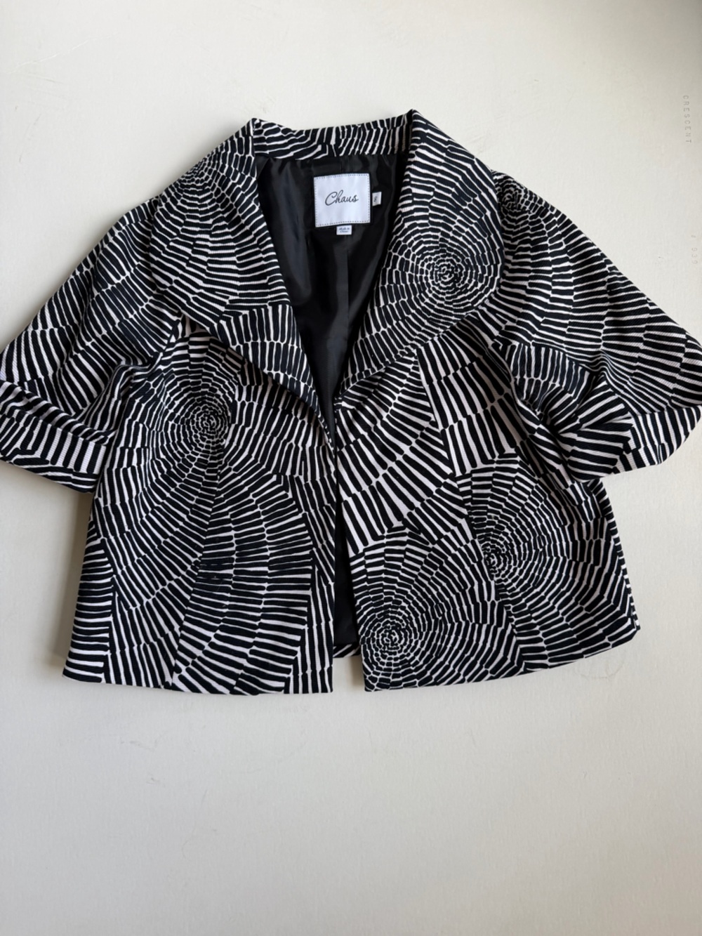 Chaus Womens Cropped Blazer Black White Geometric Short Sleeve Professional Sz 8